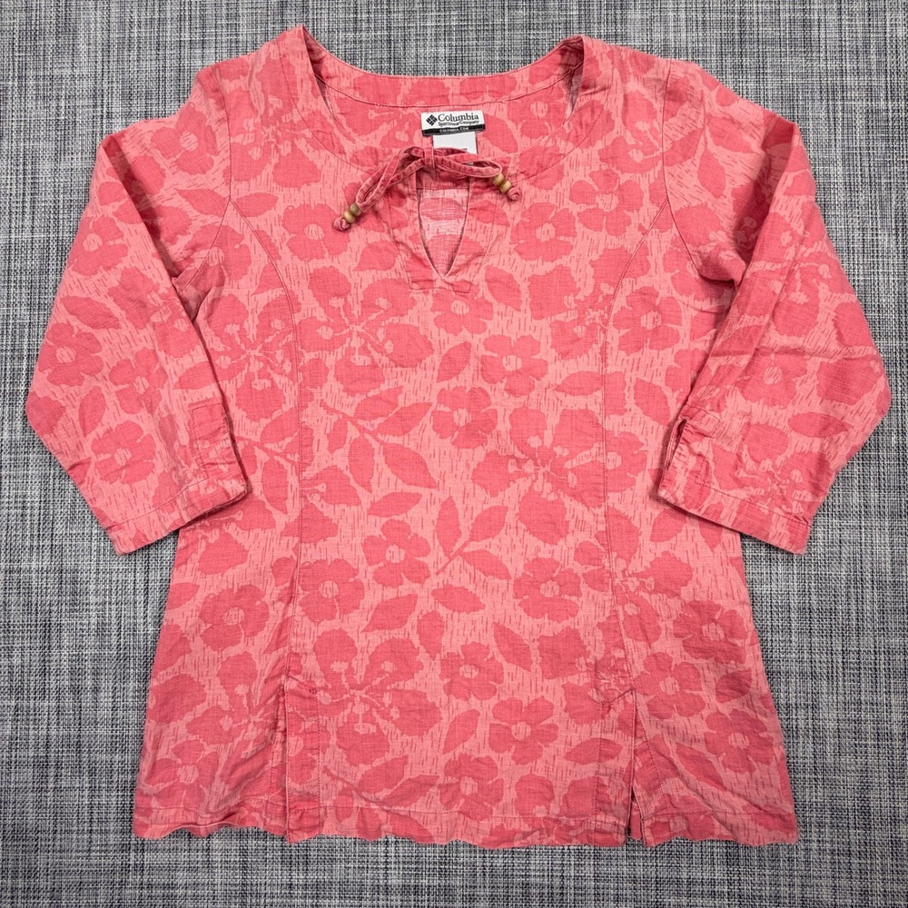 Columbia Womens Small Coral Floral Cotton Linen Tunic Blouse Tie Neck 3/4 Sleeve